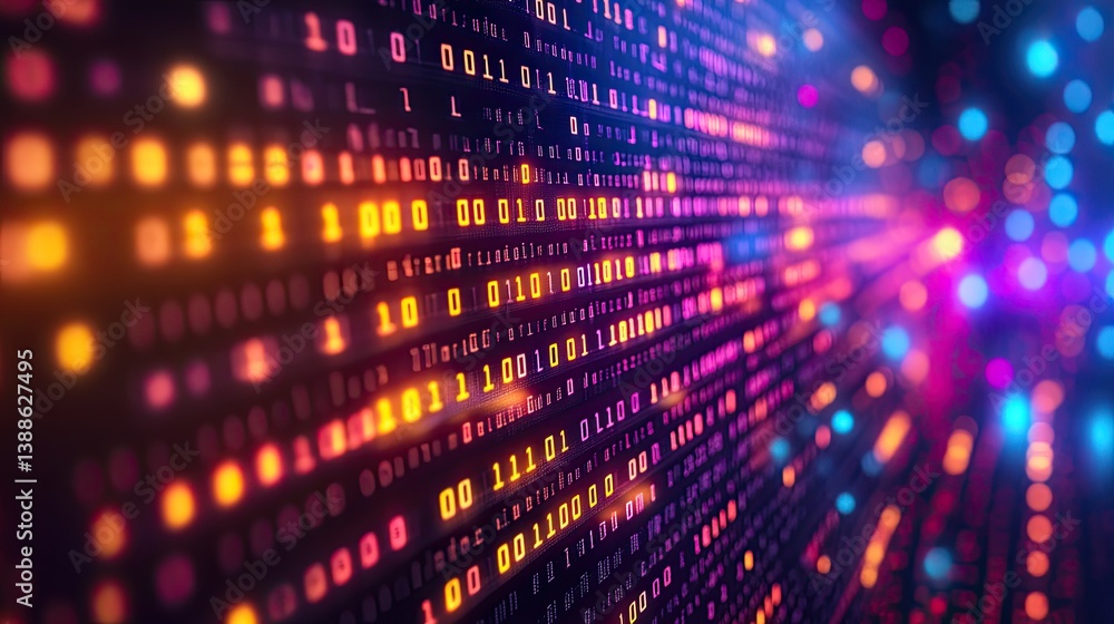 Abstract representation of digital data with binary code and colorful lights Abstract representation of digital data with binary code and colorful lights