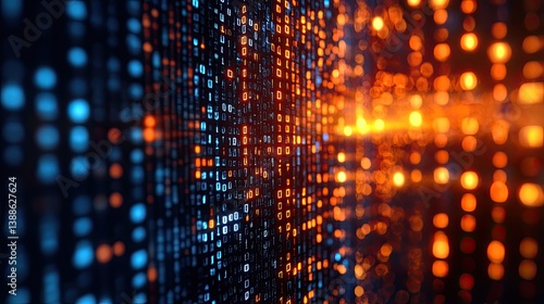 Abstract representation of binary code numbers with glowing orange lights
