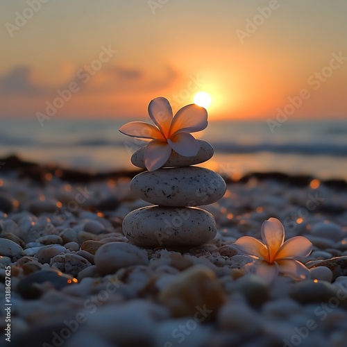 Sunrise stones flowers beach zen