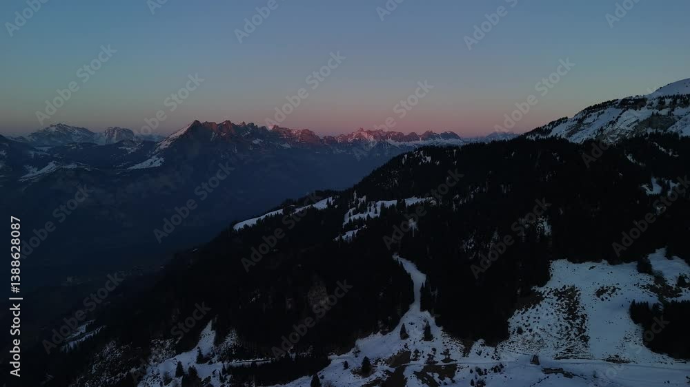 Sunrise winter landscape mountain hills forest Switzerland sunset skyline alpine aerial drone Sunrise winter landscape mountain hills forest Switzerland sunset skyline alpine aerial drone