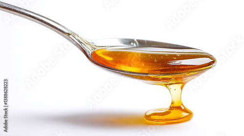 Close-up of golden honey dripping slowly from a silver spoon against white backdrop.