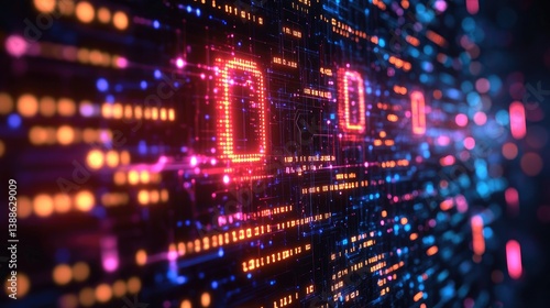 Digital Display Depicting Binary Code and Futuristic Abstract Technology