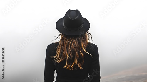 Wallpaper Mural Mysterious Woman in Black Hat Back View Foggy Landscape Torontodigital.ca