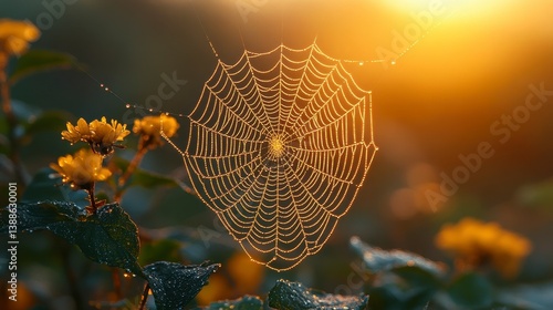 Dew-covered spiderweb glistens among yellow flowers in golden light. Tranquil, nature's artistry