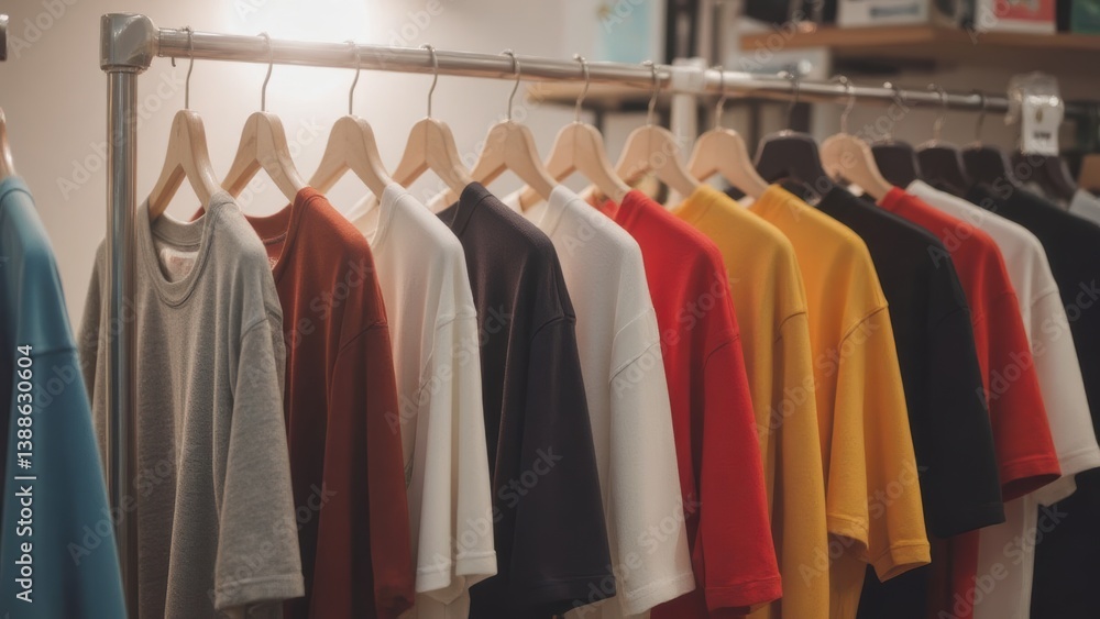 Row of Colorful Basic T-Shirts Hanging on Rack in Store, Fashion Apparel Collection, Clothing Display Row of Colorful Basic T-Shirts Hanging on Rack in Store, Fashion Apparel Collection, Clothing Display
