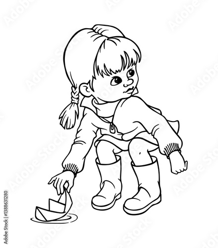 A little girl in rubber boots and a windbreaker squats down to pick up a paper boat from a puddle. Hand-drawn black and white outline illustration for children spring or autumn coloring book