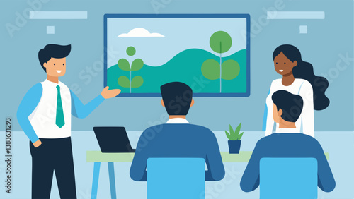Corporate Training A consultant presenting to a corporate staff in a boardroom with visuals highlighting the importance of biodiversity in business operations.