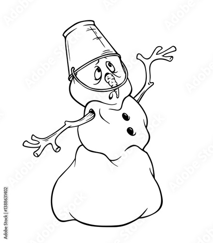 A sad melting snowman with a bucket on his head and a carrot that has fallen off raises his eyes to the sky with a plea. Spring has come. Hand-drawn black and white outline illustration for coloring