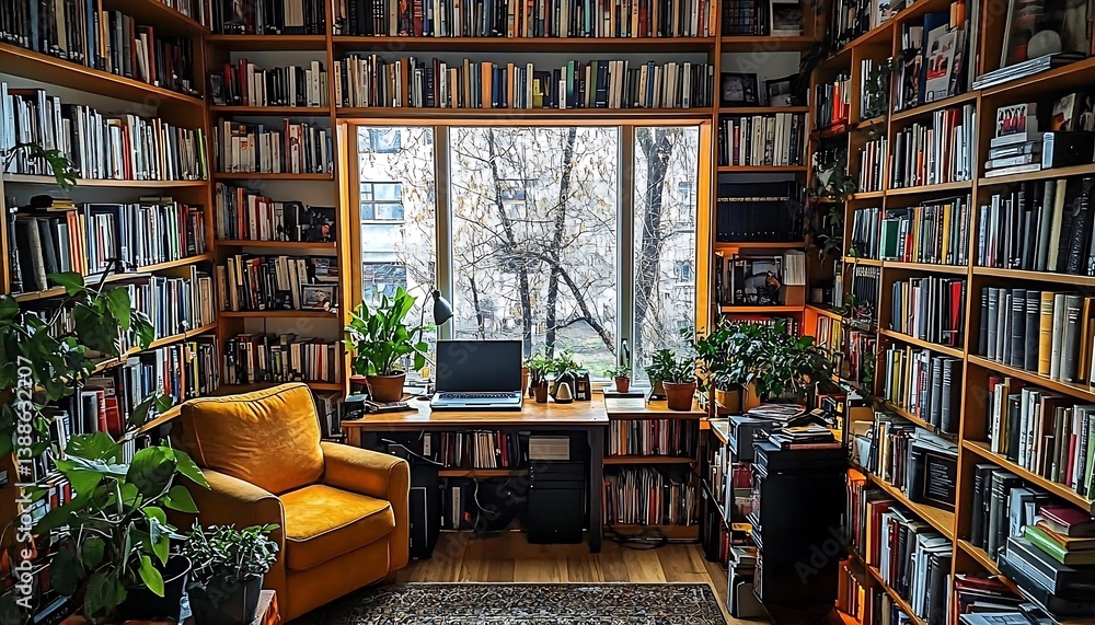 Obraz premium Home Library with Bookshelves and Plants