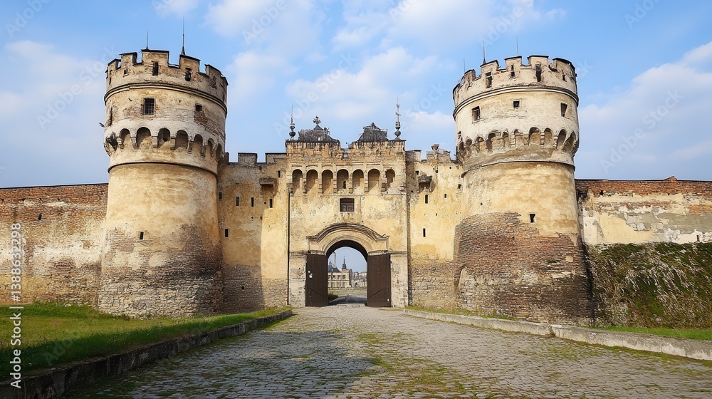 Historic castle gate with two towers, arched entryway, stone walls, and a paved road leading through. Historic castle gate with two towers, arched entryway, stone walls, and a paved road leading through.