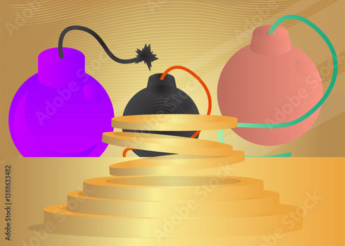 Mockup product display with Bomb. Vector cylinder pedestal podium. Stage showcase for presentation. Minimal geometric forms.