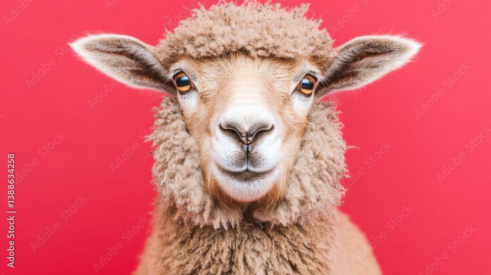 Fototapeta premium Fluffy sheep with charming expression on red background