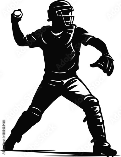 Silhouette of Baseball Catcher in Throwing Motion with Full Gear – Vector Illustration