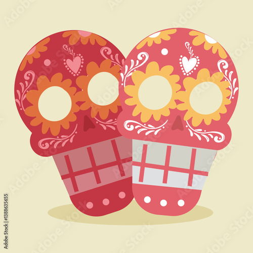 A couple of colorful painted skulls is Die de Muertos a Mexican cultural tradition illustration 