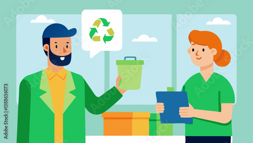 EcoFriendly Materials A closeup of a consultant showing sustainable materials and products to a business owner in an office. The items include recycled papers and biodegradable