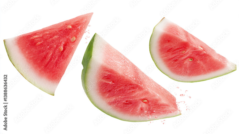 Juicy Summer Slices: Three vibrant watermelon slices, radiating freshness, are isolated, their juicy interiors beckoning viewers to savor the essence of summer. Juicy Summer Slices: Three vibrant watermelon slices, radiating freshness, are isolated, their juicy interiors beckoning viewers to savor the essence of summer.