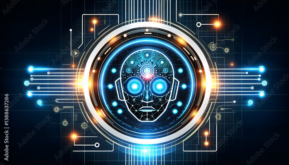 Fototapeta premium Futuristic Robot Head with Glowing Eyes in Digital Network Setting