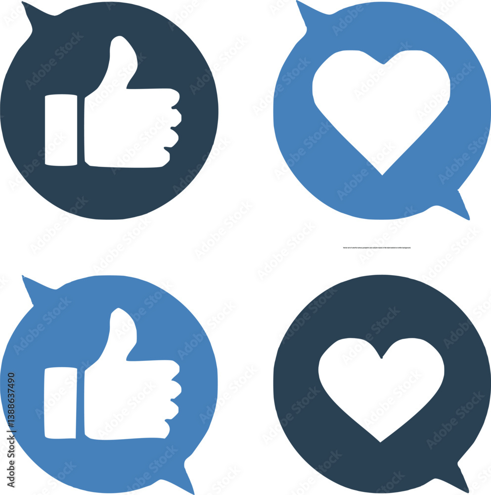 Like, comment, share icon buttons and Thumbs up and love heart flat icon Like, comment, share icon buttons and Thumbs up and love heart flat icon