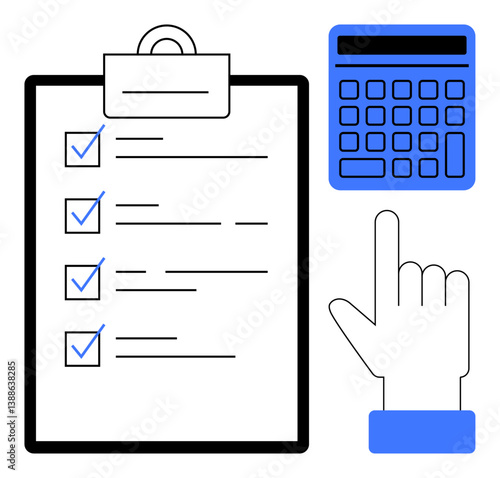 Checklist with marked tasks, blue handheld calculator, pointing hand icon. Ideal for productivity, task tracking, accounting, budgeting, project planning, organization flat simple metaphor