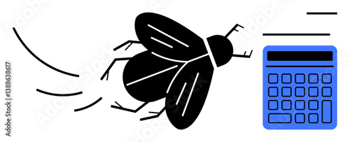 Black fly and blue calculator evoke debugging, errors, analytics, or calculation concern. Ideal for technology, software, code troubleshooting, creativity, problem-solving learning minimal