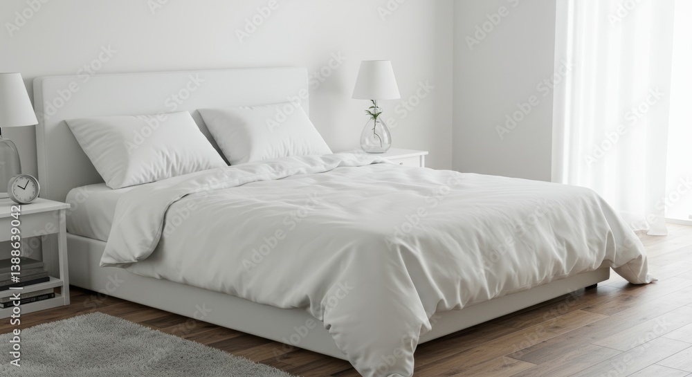 Serene bedroom featuring crisp white bedding in a minimalist, contemporary design Serene bedroom featuring crisp white bedding in a minimalist, contemporary design