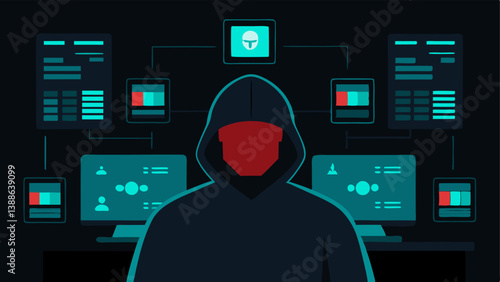 Hacker in Dark Room A silhouette of a person sitting in a dark room illuminated by multiple screens displaying code and personal data highlighting the threat of malicious actors.