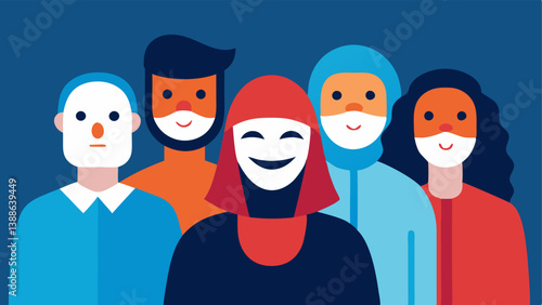 Masking Opinions Individuals wearing masks with smiles while hiding their true feelings behind them showing how people may conceal their dissent in a group.