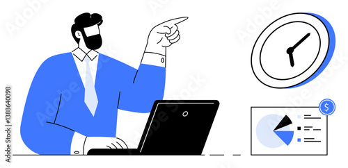 Man sitting at laptop pointing at wall clock, pie chart with financial symbols. Ideal for time management, productivity, financial planning, business strategy, remote work, decision-making, flat