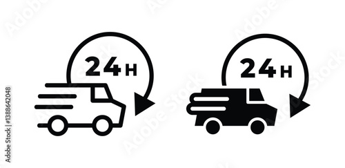 24 Hour Delivery Truck Icons Black And White Color Vector Design