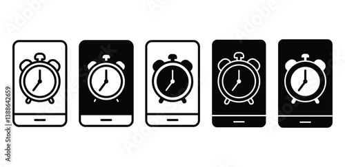 Mobile Phone Alarm Clock Icons Black and White Smartphone Screen Designs