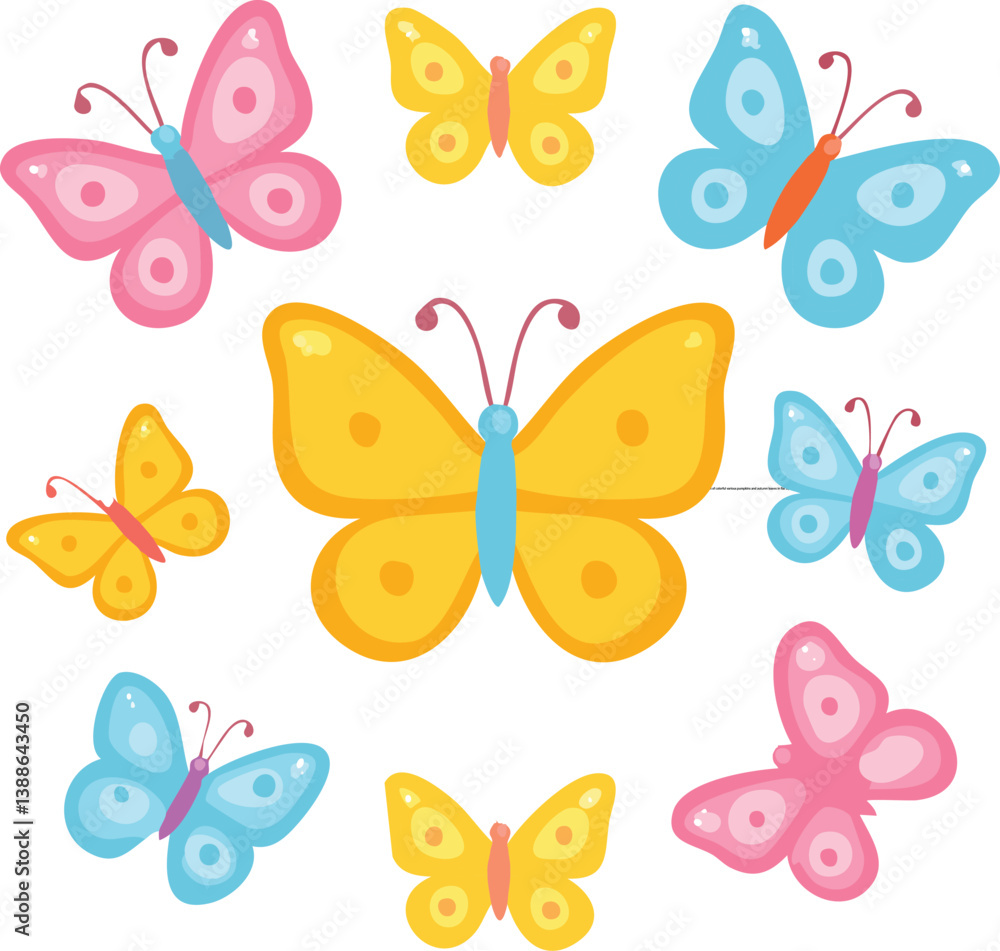 Set of smiling multicolor butterfly clipart. Vector illustration of butterfly cartoon collection on white background