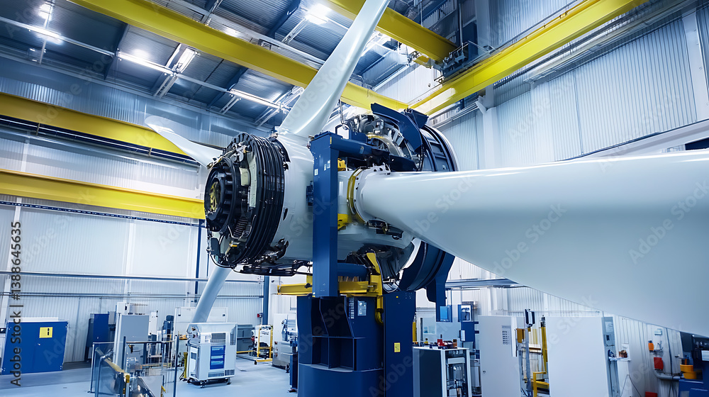 High efficiency robotic arms assembling renewable energy turbines in a wind energy production plant, robotic arms fitting turbine blades, motors High efficiency robotic arms assembling renewable energy turbines in a wind energy production plant, robotic arms fitting turbine blades, motors