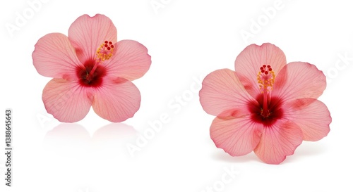 Two pink hibiscus blossoms on a bright white backdrop creating a minimalist tropical feel