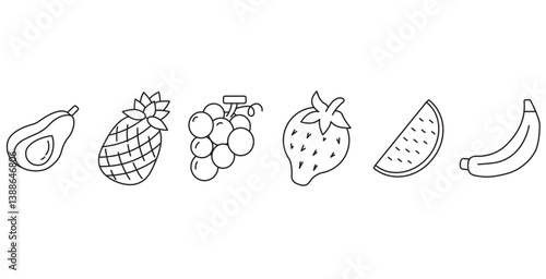 Fruit icon. Line icon of fruits. Includes avocado, pineapple, grape, strawberry, watermelon and banana fruit images. Fruits vector illustration icon. Icon set editable stroke