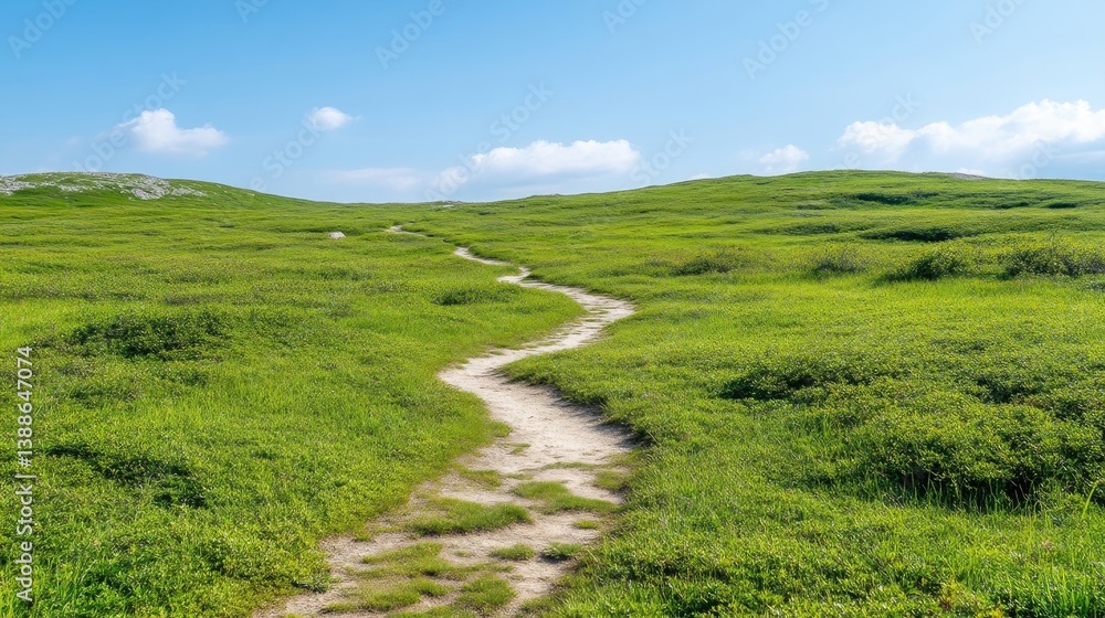 Fototapeta premium A winding dirt path traverses a vibrant green field under a clear blue sky. The path leads towards a gently sloping hill. The image is sharp and well-lit, showcasing a bright, peaceful mood. The col
