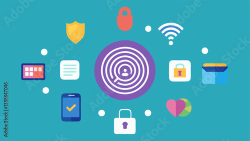 Fingerprint on Screen A fingerprint pressed against a touchscreen filled with a variety of icons such as social media banking and health representing the risk of overreach into