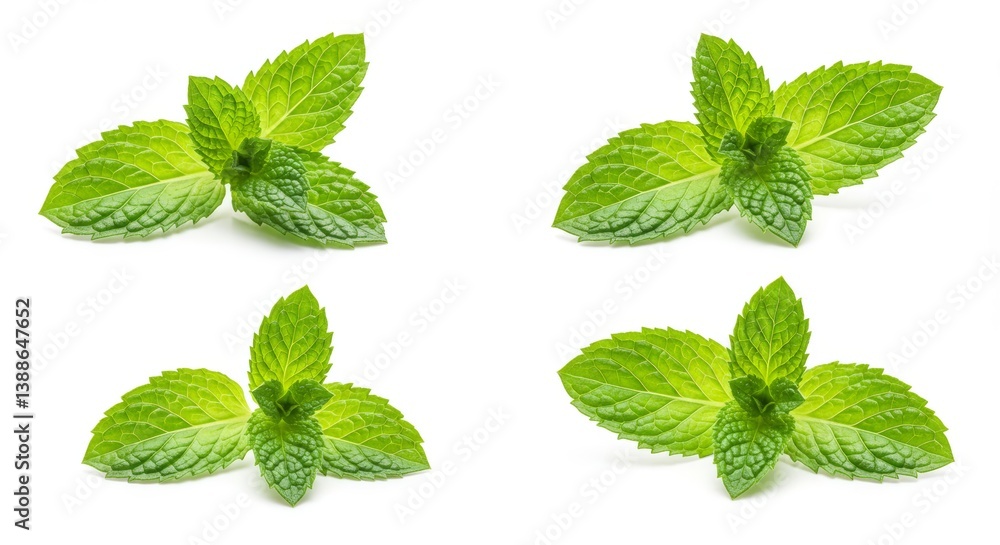 Four vibrant sprigs of fresh mint on a pristine white canvas emphasizing culinary simplicity Four vibrant sprigs of fresh mint on a pristine white canvas emphasizing culinary simplicity