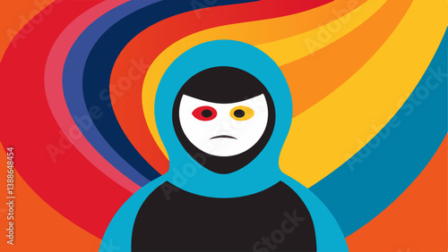 Mask of Indifference A figure wearing a mask with a blank expression while behind them a colorful swirl of emotions blends together indicating hidden feelings.