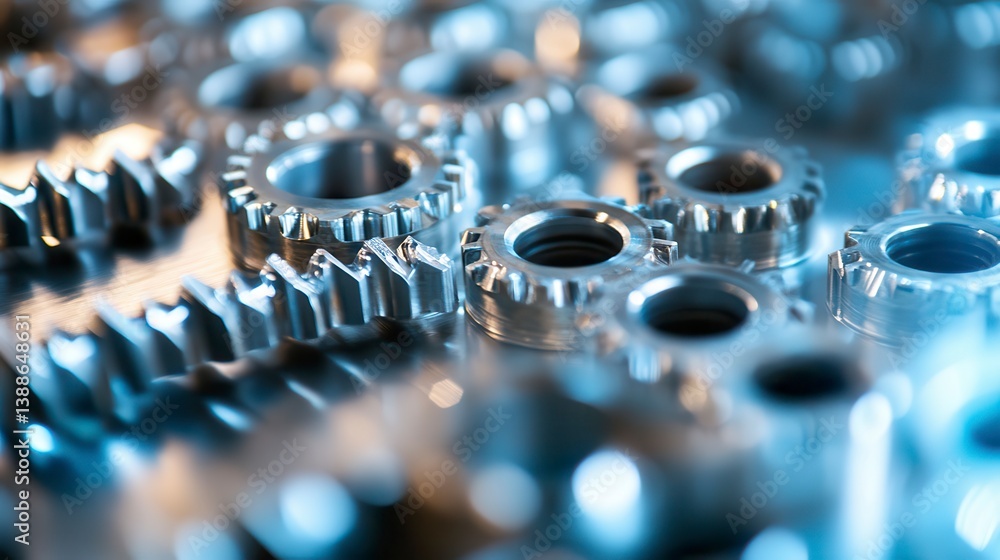 Close-up of metallic gears, precision engineering components. Close-up of metallic gears, precision engineering components.