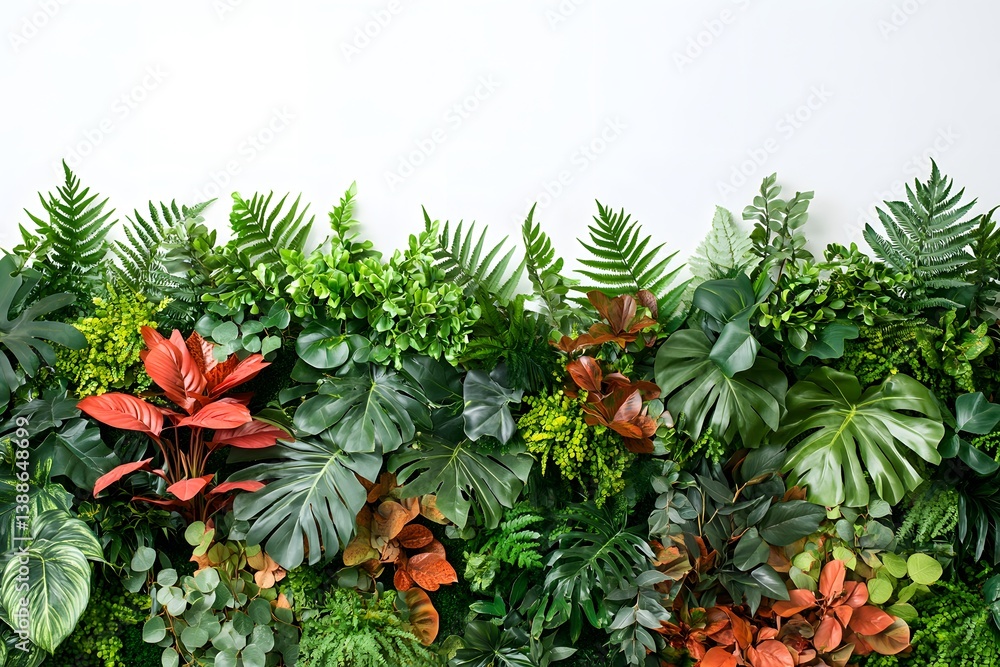 Lush green foliage with various leaves against a white background. Lush green foliage with various leaves against a white background.