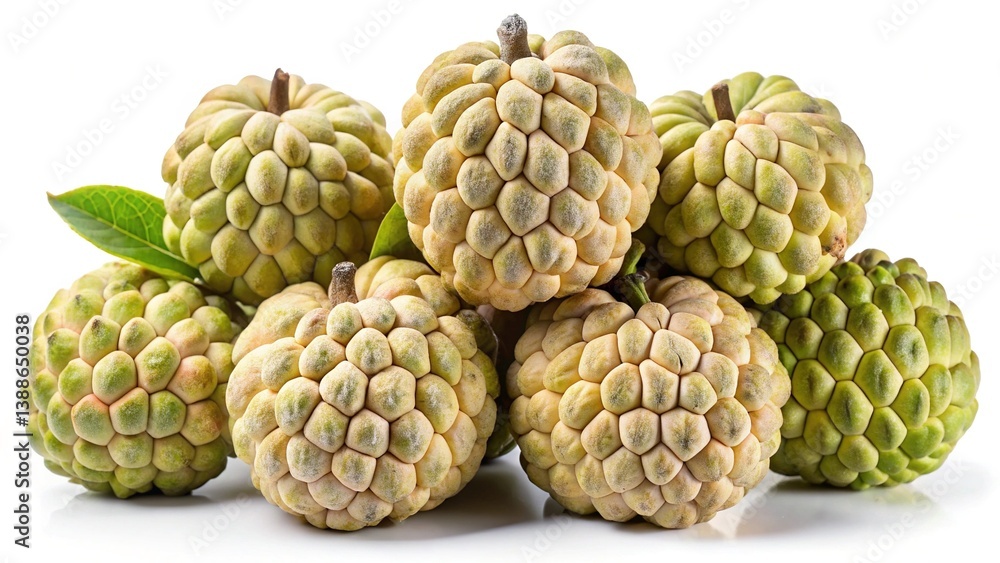 A Closeup of a Pile of Ripe Custard Apples with Green Leaves A Closeup of a Pile of Ripe Custard Apples with Green Leaves