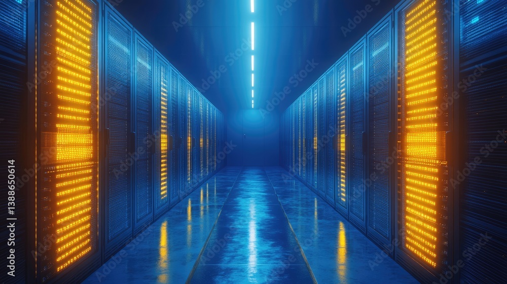 Fototapeta premium Data center hallway with server racks illuminated in a futuristic environment
