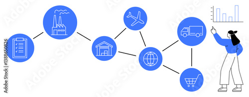 Industry supply chain from factory to consumer via transportation nodes and analytics, highlighting production, storage, logistics, monitoring. Ideal for business, trade, technology, management