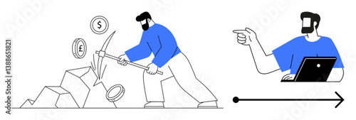 Person with a pickaxe mining coins next to a colleague using a laptop. Ideal for themes thumbs up teamwork, digital currency, financial growth, online collaboration, technology, investment