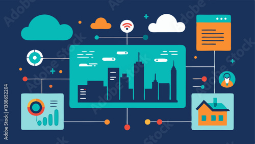 Realtime Data Feed An illustration showing a digital dashboard filled with realtime data feeds such as air quality noise levels and pedestrian traffic all linked to a digital city