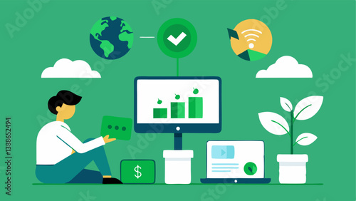 Digital Screens with Green Investments People interacting with digital devices that display stocks or funds with green and ethical icons indicating the shift to SRI in technology.