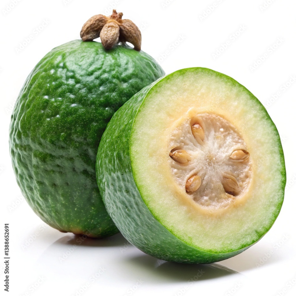 Closeup of a whole and halved feijoa fruit showcasing its vibrant green exterior and creamy offwhite interior with numerous small seeds Closeup of a whole and halved feijoa fruit showcasing its vibrant green exterior and creamy offwhite interior with numerous small seeds