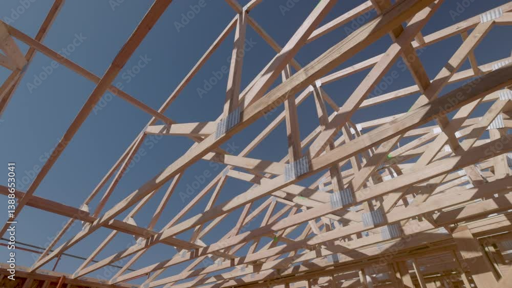 Dramatic Slow Motion Panning Movement of New Home Wood Framing Construction Site. Dramatic Slow Motion Panning Movement of New Home Wood Framing Construction Site.