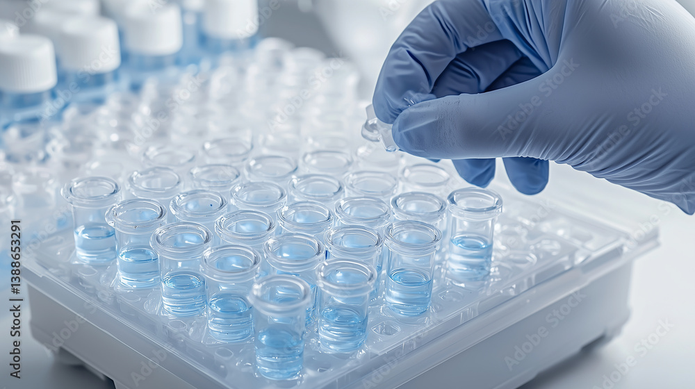 Research scientist observing samples, biotech laboratory, pharmaceutical drug development.