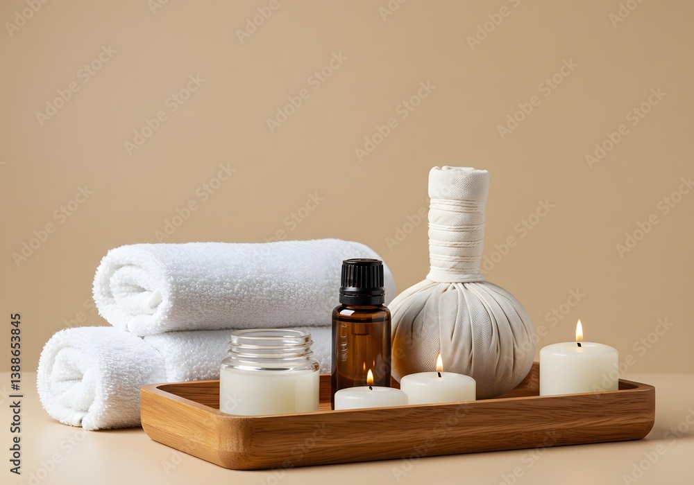 Wellness and spa setting featuring rolled towels, essential oil, herbal compress, candle on wooden tray
Wellness and spa setting featuring rolled towels, essential oil, herbal compress, candle on wooden tray